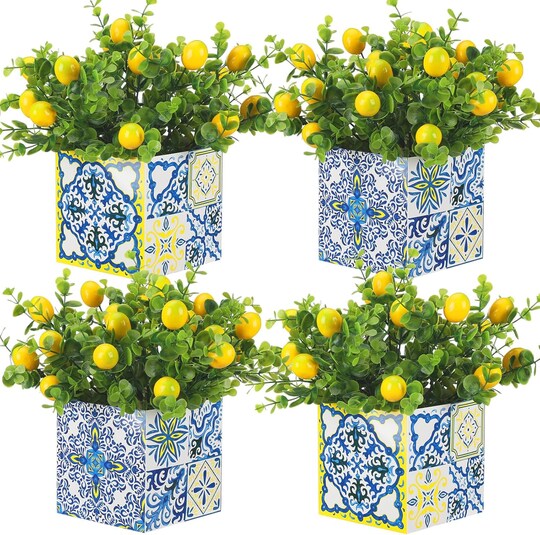 Greentek; 4 Sets Blue Tile Lemon Table Centerpiece Décor with Artificial Lemon Branches, Amalfi Coast-Inspired Box Decorations for Capri, Mediterranean, Positano, Weddings, Birthdays, and Parties; Category:Summer Floral Arrangements; Image:1